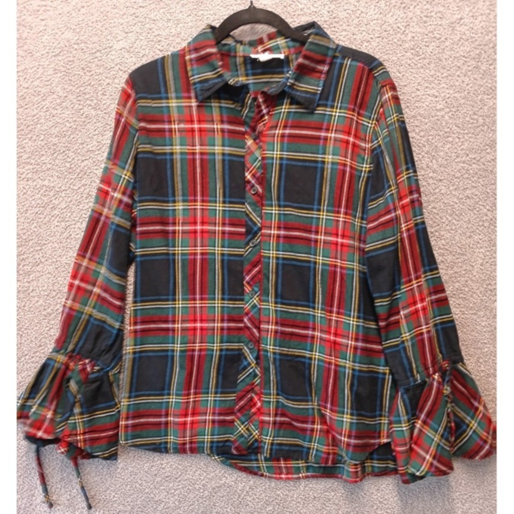 Beach Lunch Lounge Plaid Button Blouse Women's L Boho Flannel Top Cottage Core